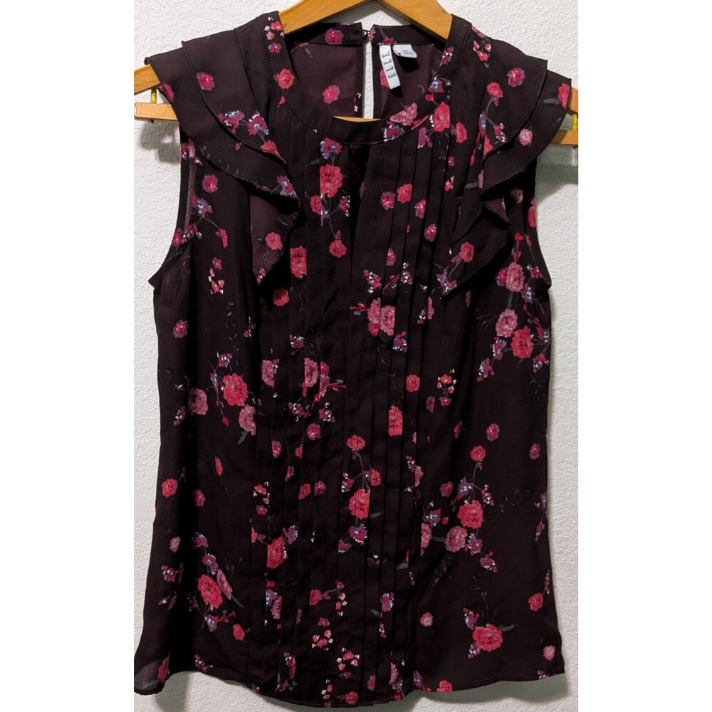 ELLE Sleeveless Floral Blouse Women's Size XS 100% polyester Red Pink (359)